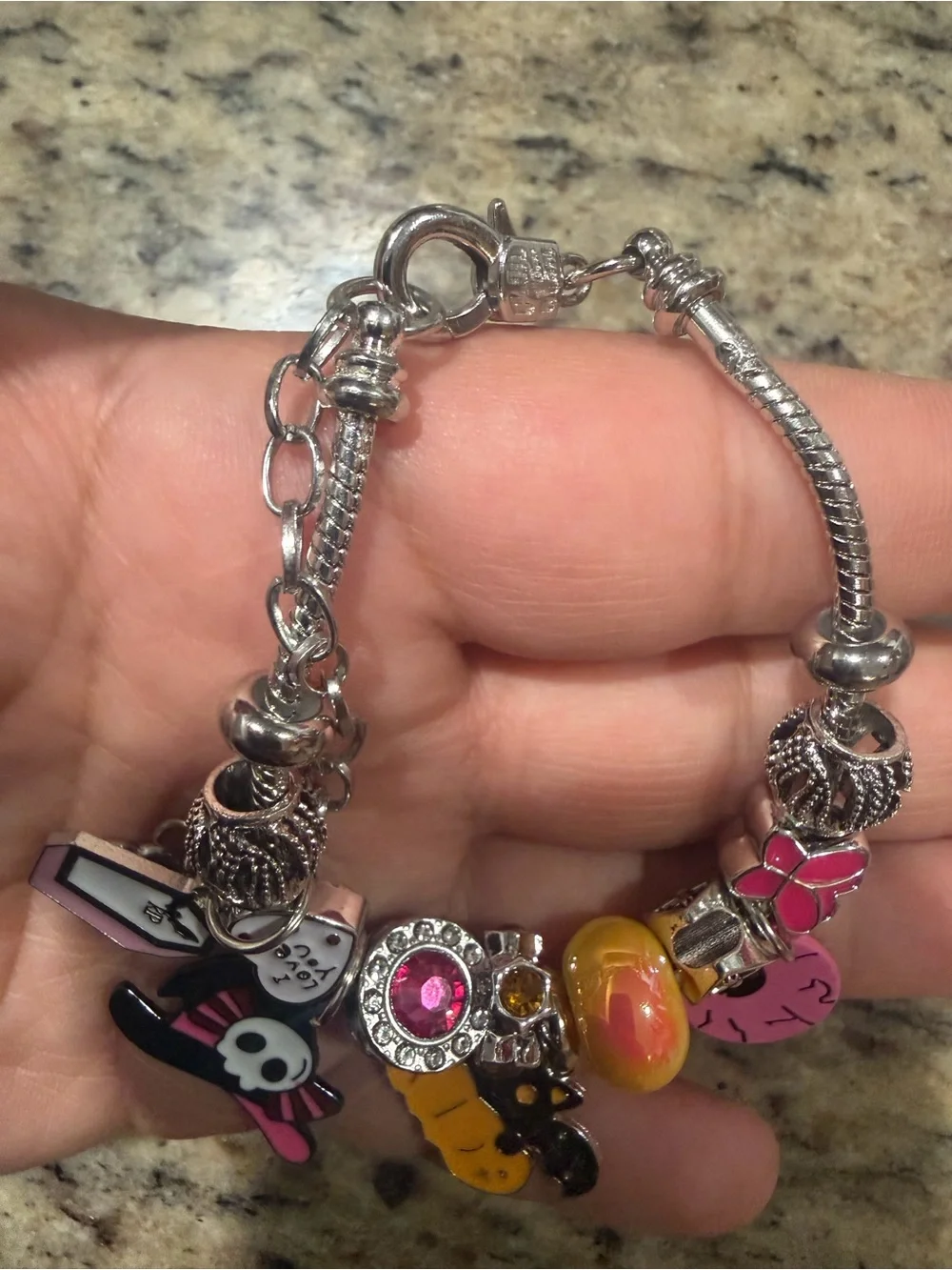 Kids Pink and Yellow Halloween Charm Bracelet - Cute Bat & Skull Charms